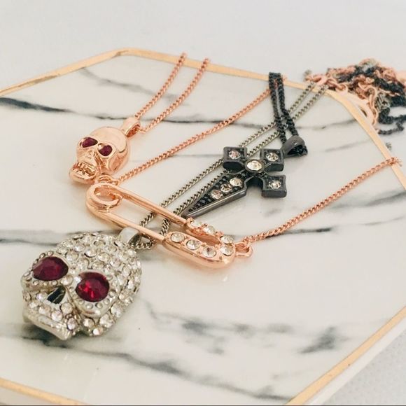 Layered Skull Safety Pin Cross Rose Gold Gun Metal Silver Necklace NWT - Picture 2 of 8